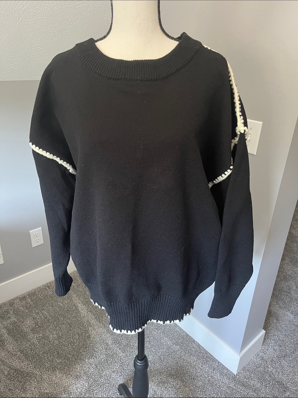 Black Crewneck Sweater with White Contrast Trim — Women's